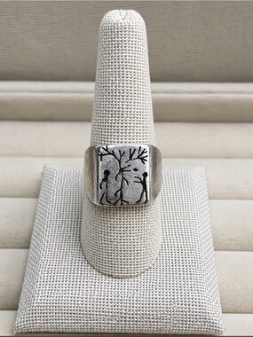 Vintage Sterling Adam Eve Garden Tree Taxco native Solid Etched large Ring Sz 9